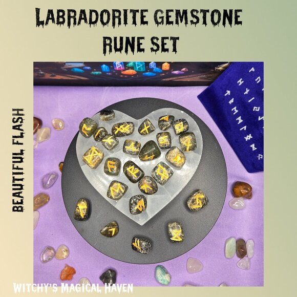 Labradorite Gemstone Rune Divination Set and Bag - Picture 4 of 4
